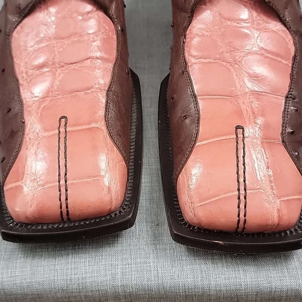 MAURI Italy Men's 9.5M Alligator Ostrich Leather Oxford Derby Shoes Pink / Brown
